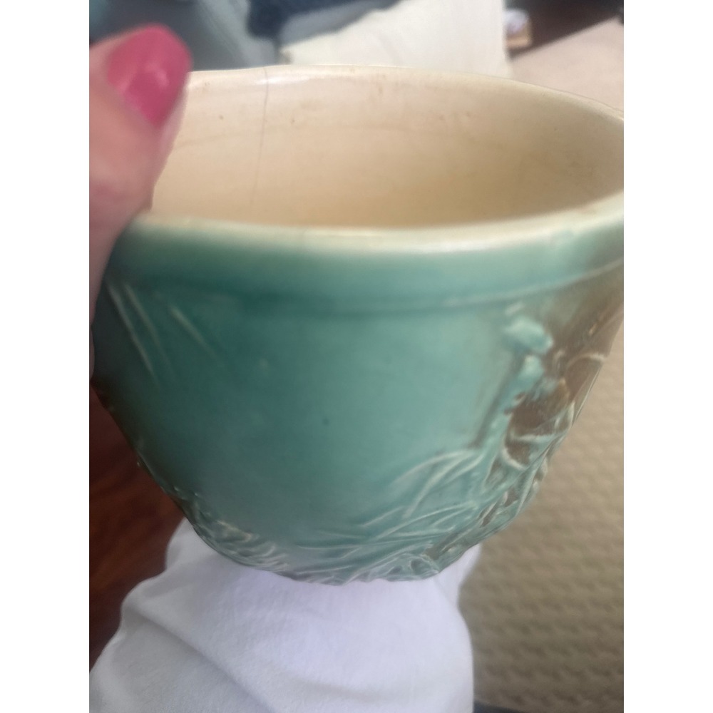 Vintage Seafoam Green Bamboo Relief Ceramic Planter Footed Tripod Pot MCM - Picture 4 of 5